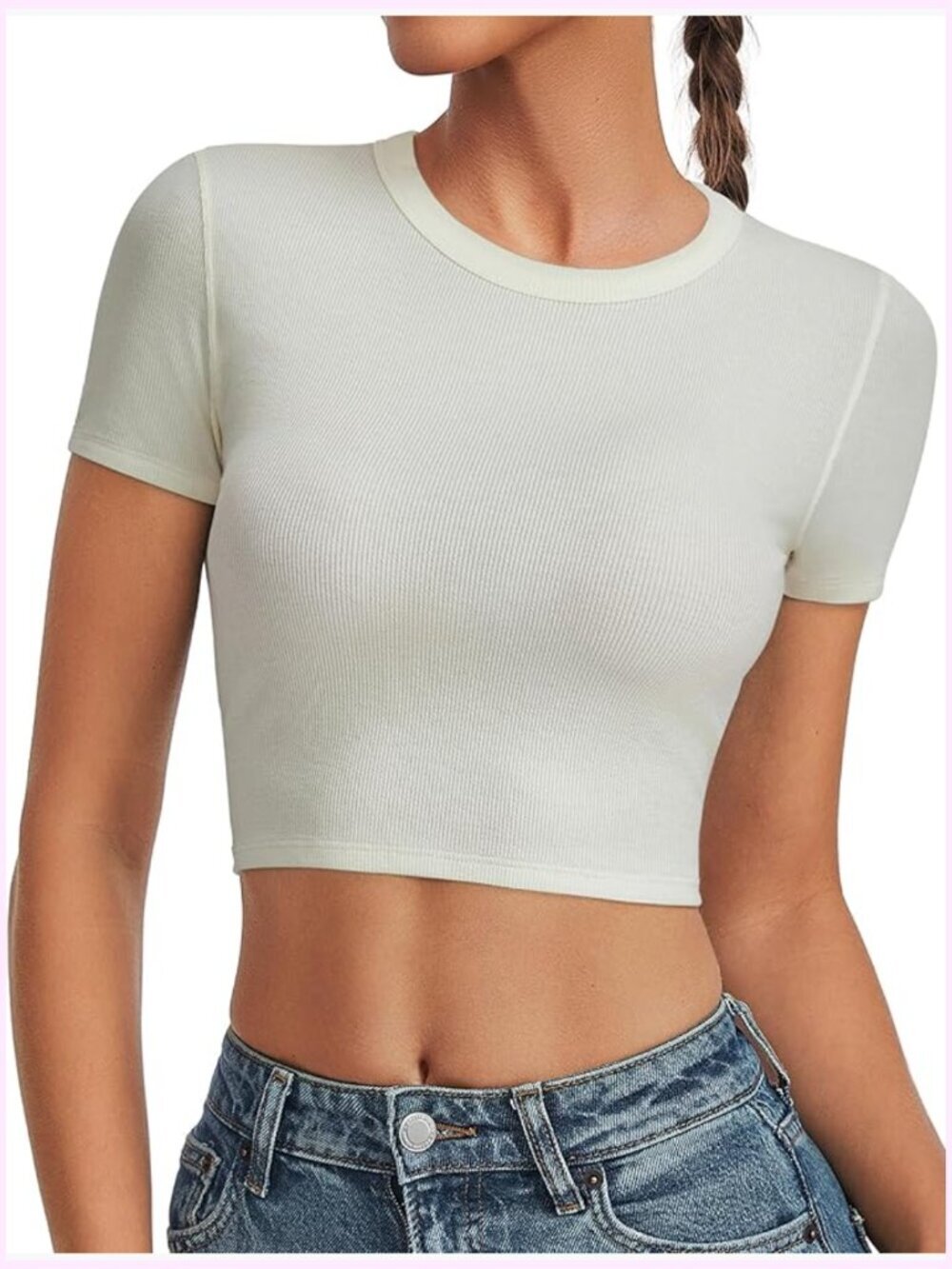 Ribbed Crew Neck Short Sleeve Crop Top Fitted Basic Tee Gym Yoga Shirt